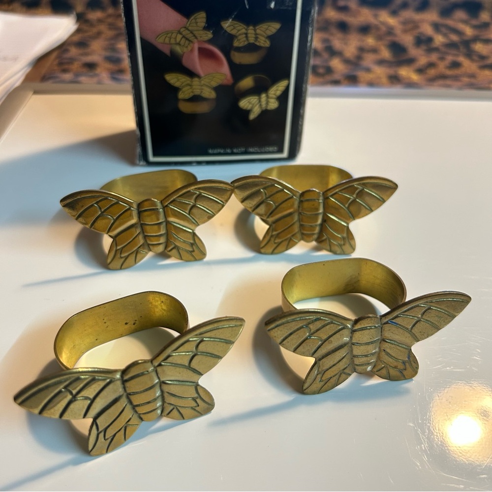 Solid Brass Butterfly napkin rings set of 4 vintage With box